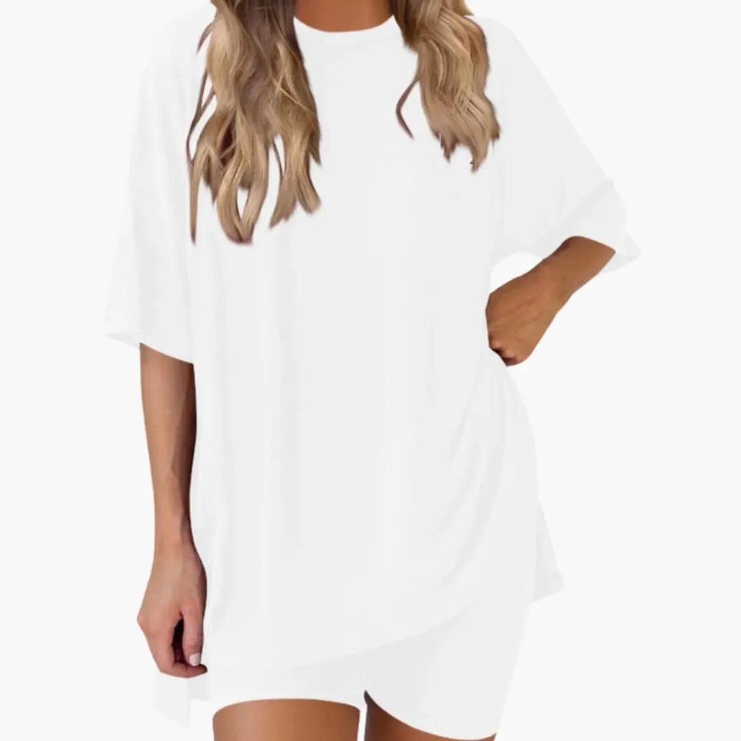Women's V-Neck Top and Elastic Waist Shorts Two-Piece Set, white, Wilfred Smith
