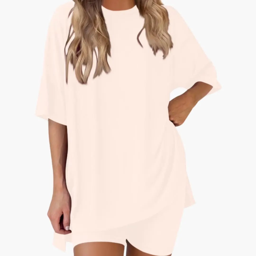 Women's V-Neck Top and Elastic Waist Shorts Two-Piece Set, pale pink loose-fit top with matching shorts