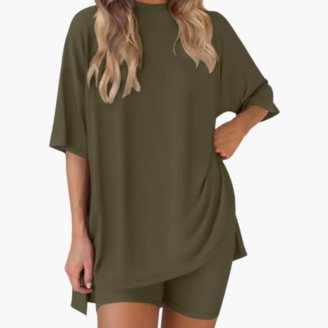 Women's two-piece olive green V-neck top and elastic waist shorts set