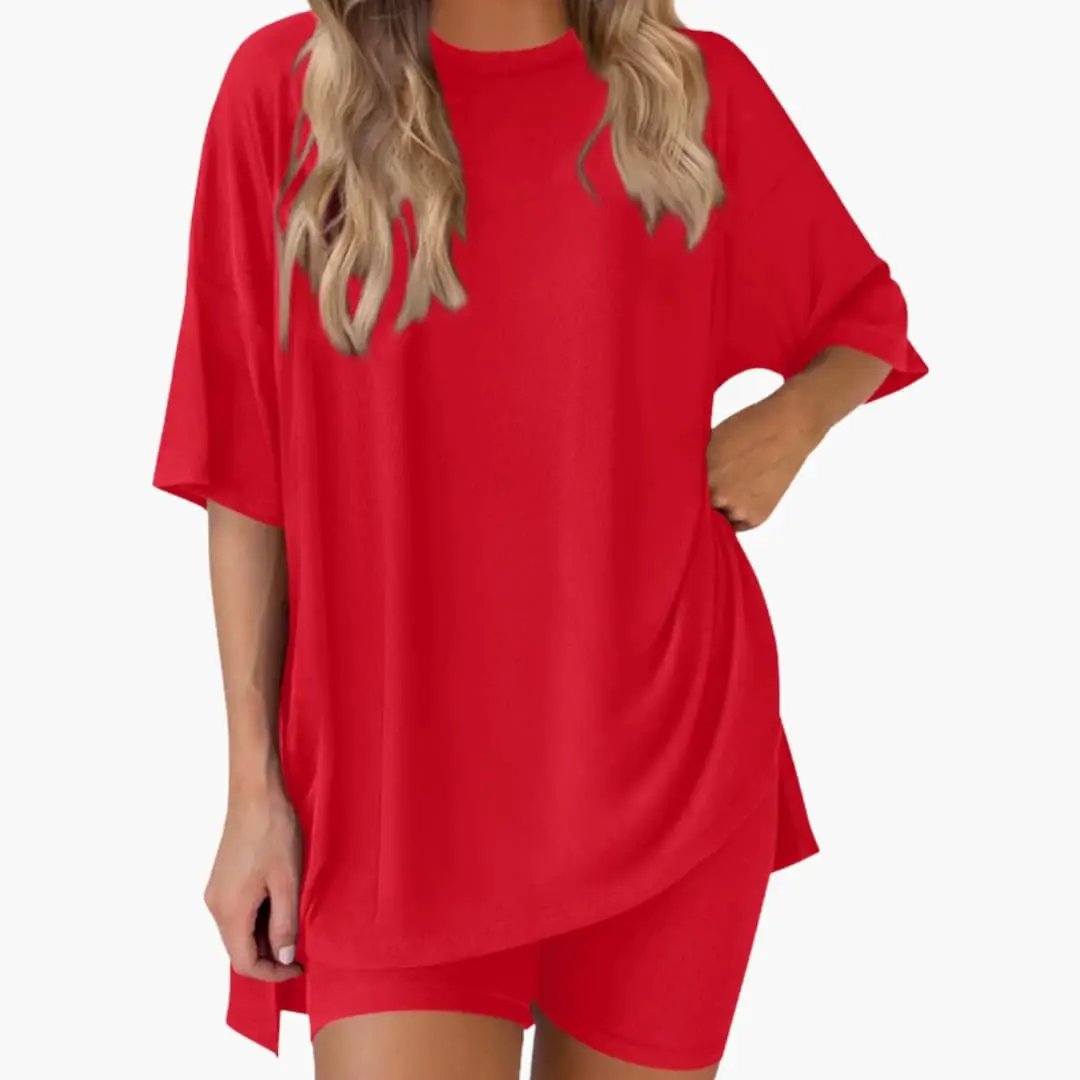 Wilfred Smith Women's V-Neck Top and Elastic-Waist Shorts Two-Piece Set in red