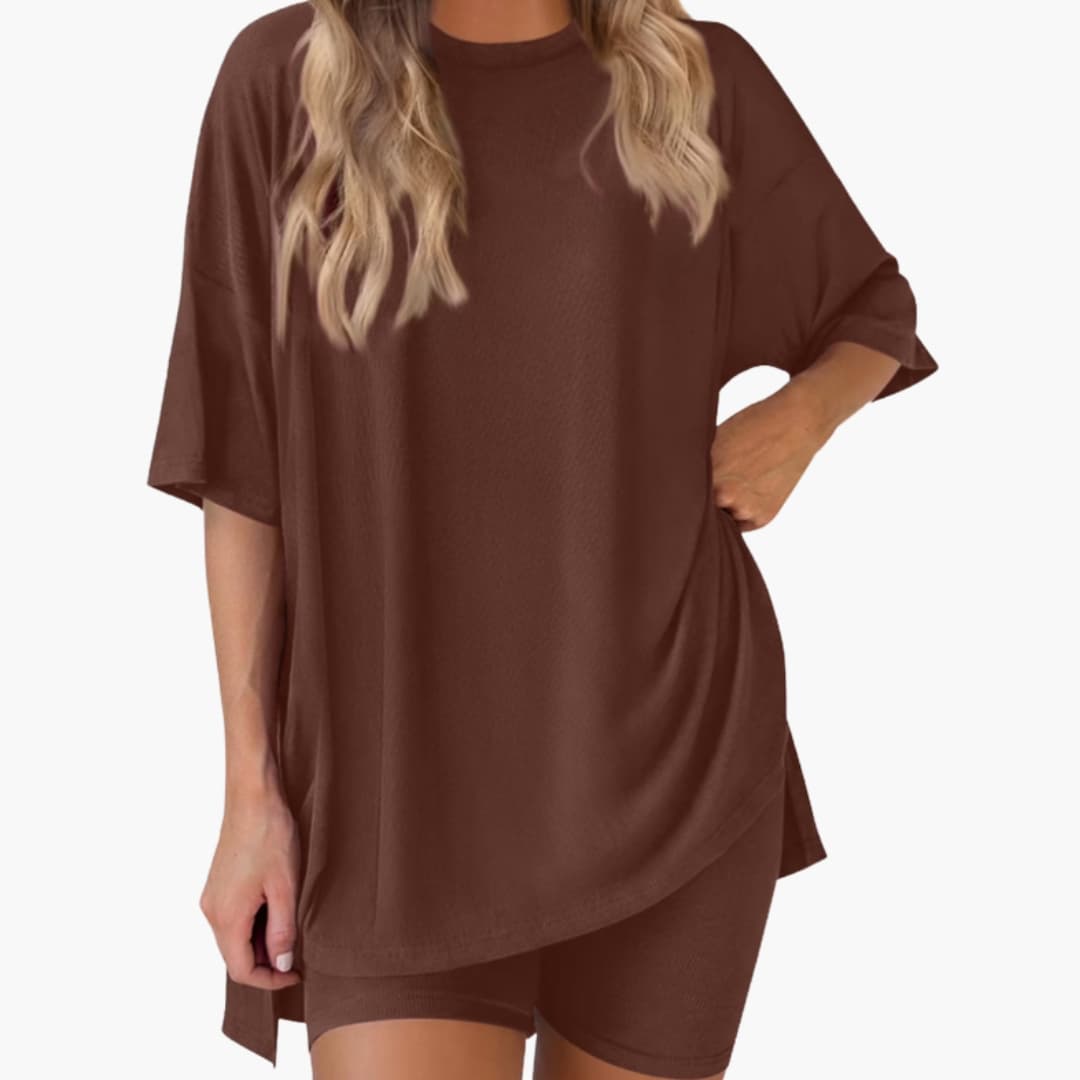 Women's V-Neck Top and Elastic Waist Shorts Two-Piece Set in brown, relaxed-fit top with sleeves and matching shorts