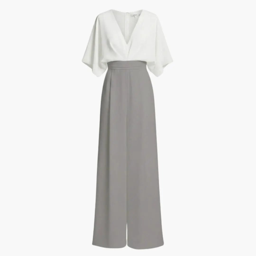 Women's V-neck wide-leg jumpsuit with white top and gray pants