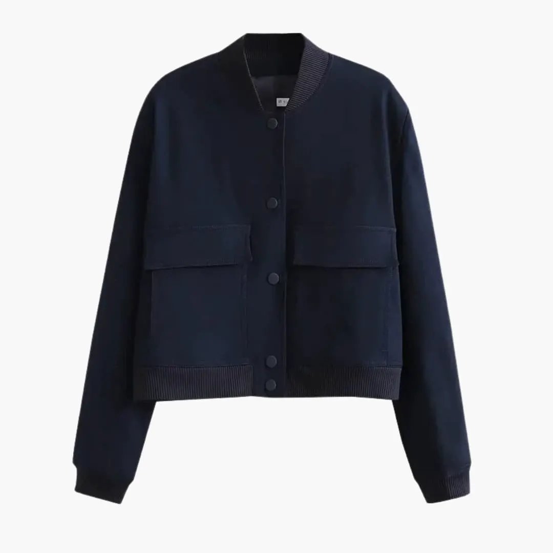 Women's Velvet Bomber Jacket by Wilfred Smith, navy lightweight bomber with front pockets.
