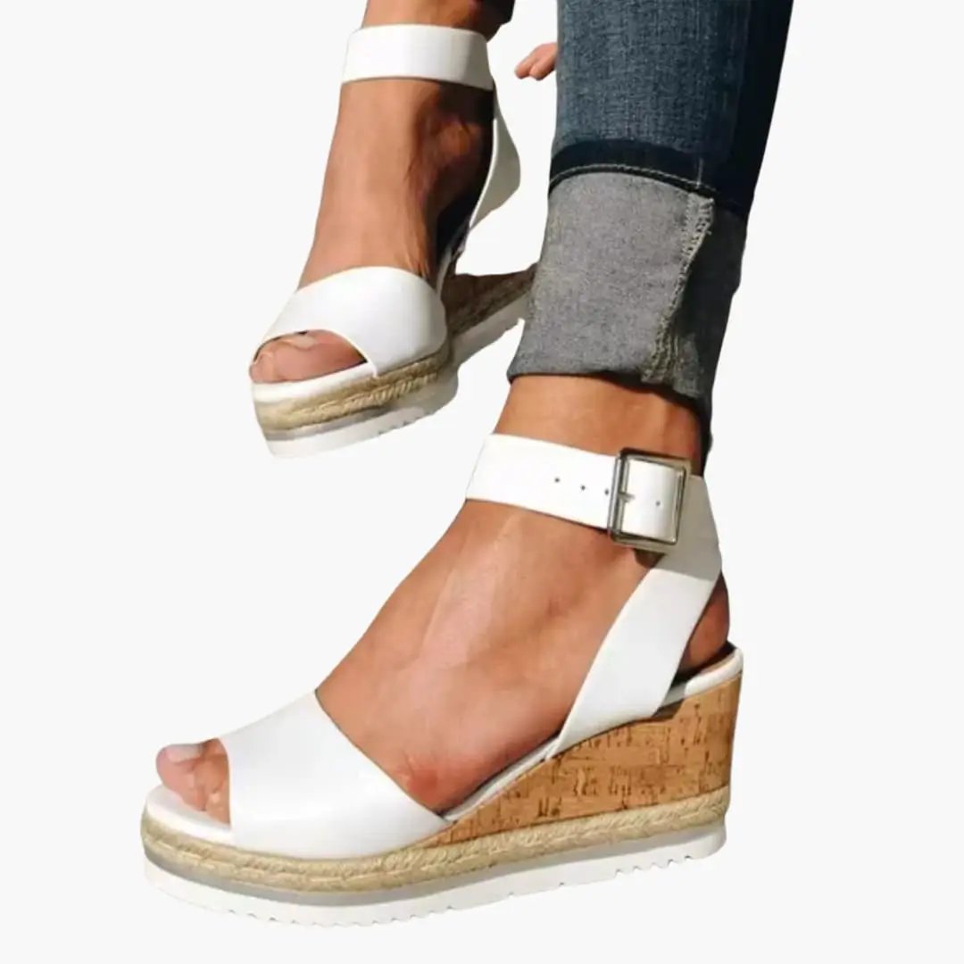 Women's wedge sandals with white straps, cushioned insole, cork rope-wrapped wedge heel, ankle strap by Wilfred Smith