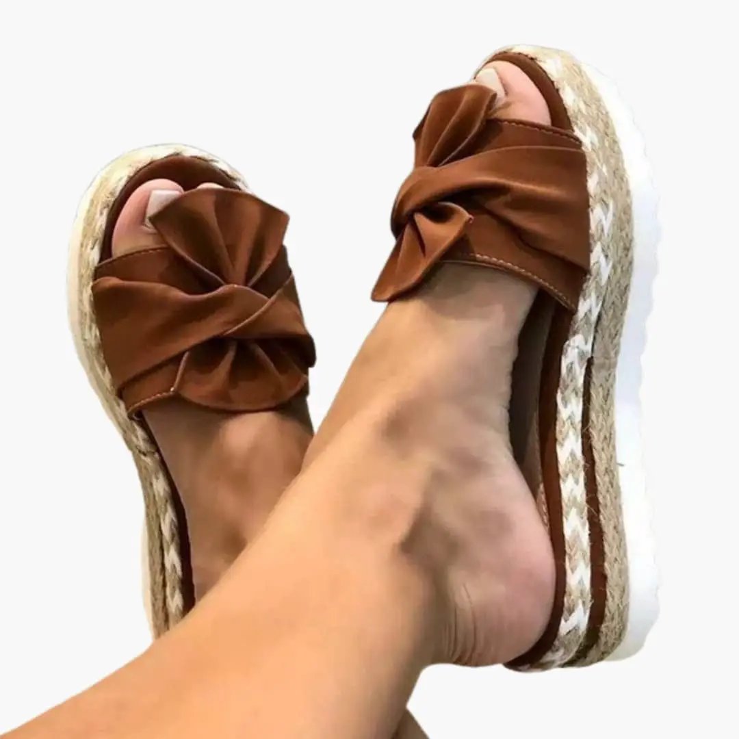 Women's wedge sandals with woven upper and bow detail in brown, Wilfred Smith