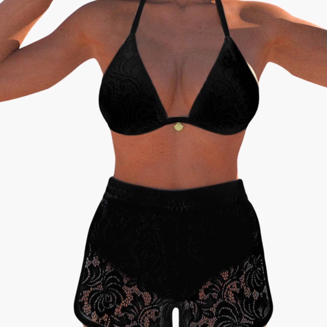 Women's black lace bikini set (2-piece) with triangle top and lace shorts