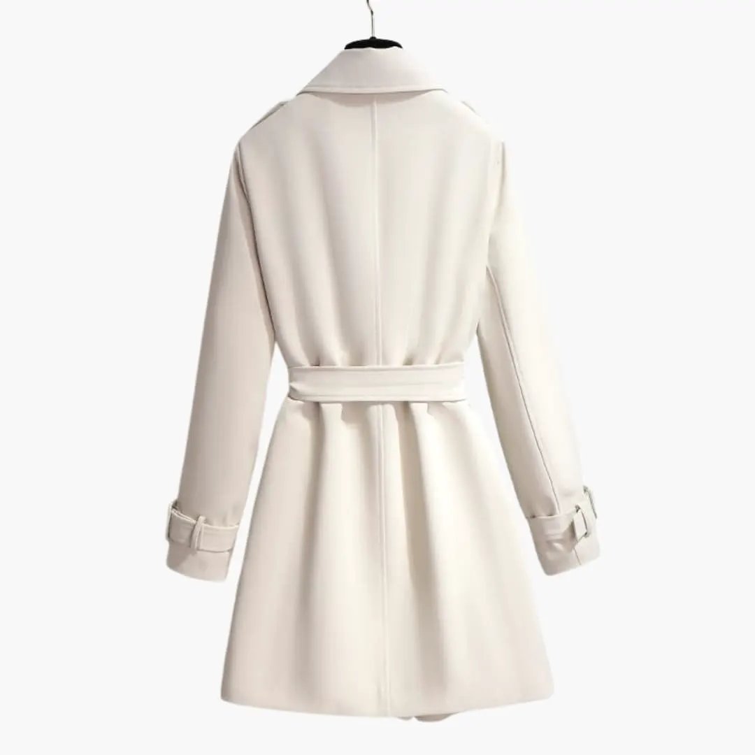Women’s White Trench Coat with Belt by Wilfred Smith; belted waist, long sleeves.