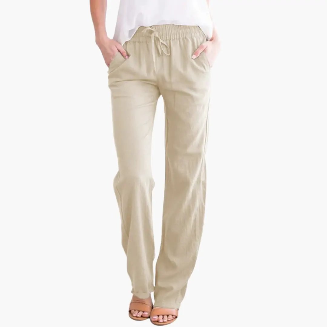Women’s Wide-Leg Pants with Elastic Waist and Pockets, beige trousers