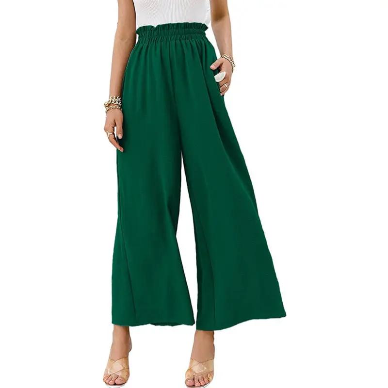 Women's Wide Leg Trousers with Elastic Waistband in green palazzo style