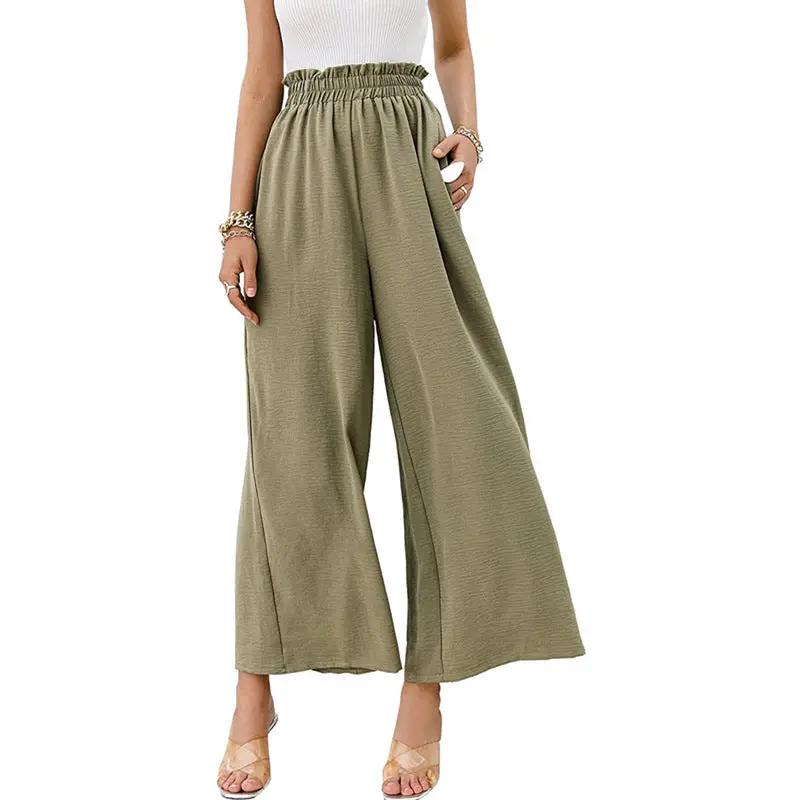 Women's Wide-Leg Palazzo Trousers with Elastic Waistband in olive