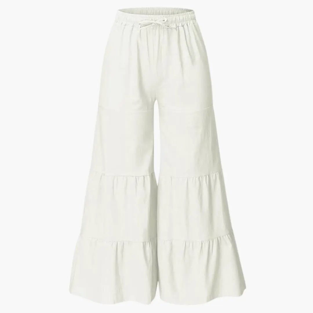 Women's wide-leg pants with elastic waist and drawstring, white tiered trousers