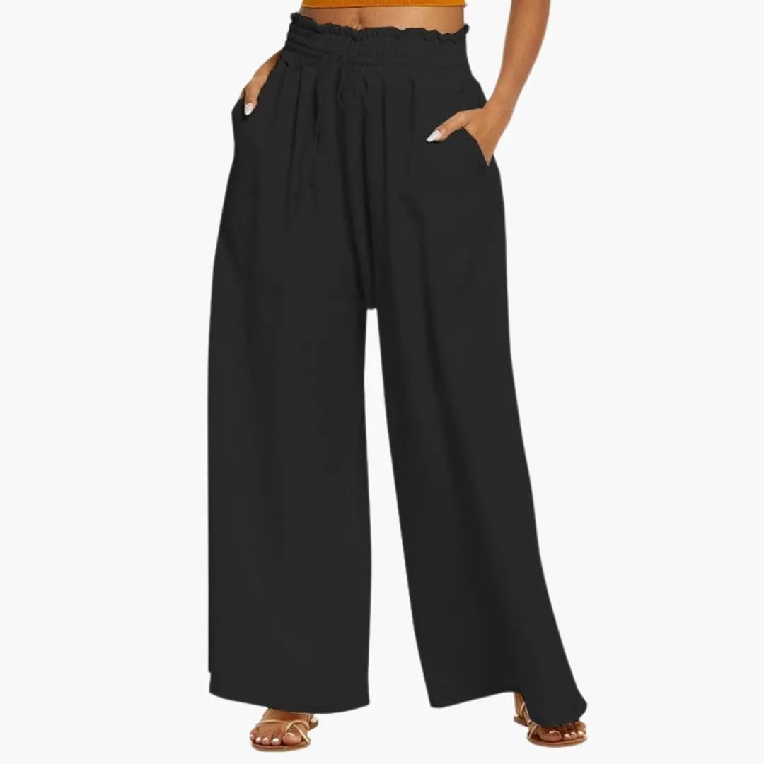 Women's wide-leg pants with ruffle waist and side pockets in black.