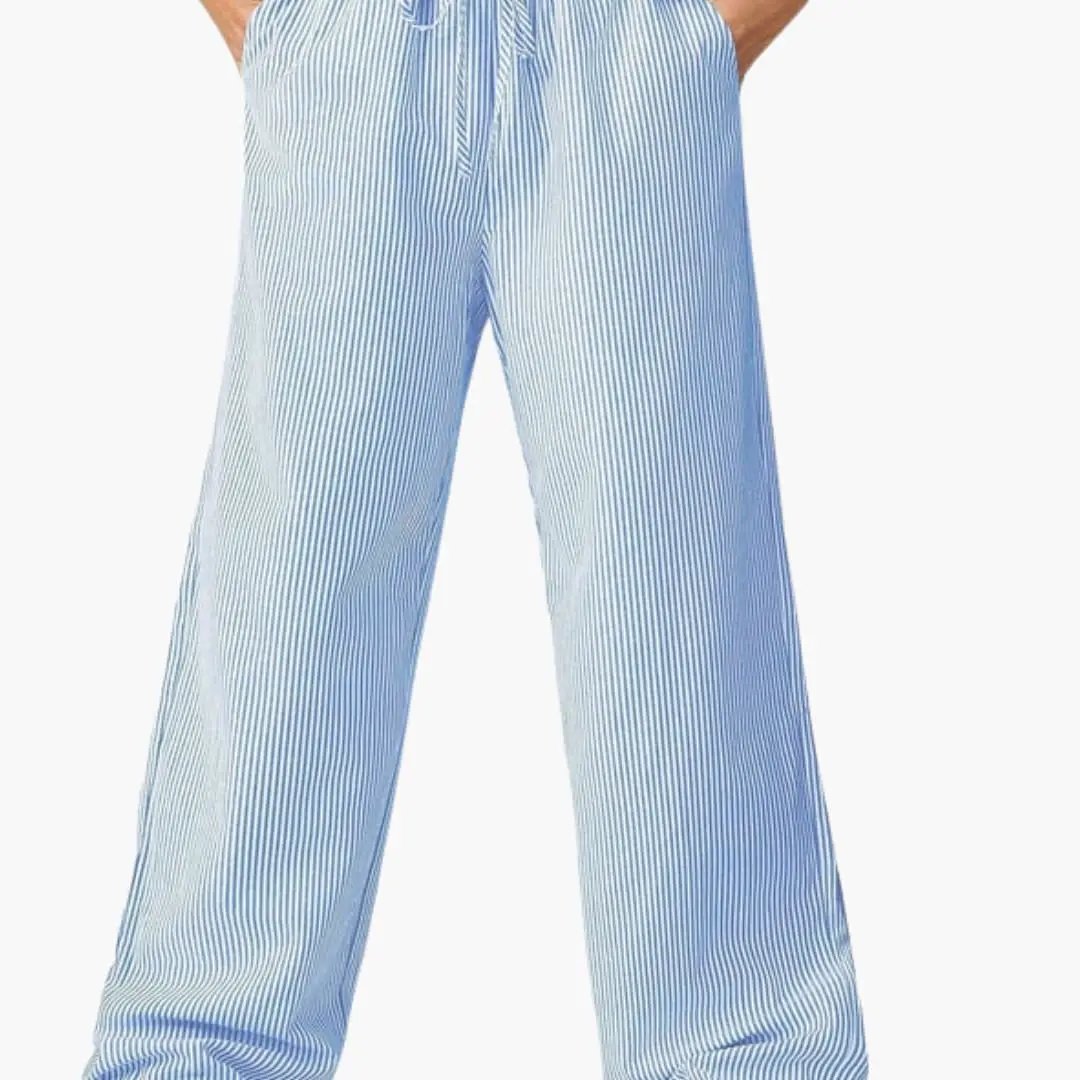 Women’s wide-leg striped pants by Wilfred Smith in blue-and-white with side pockets