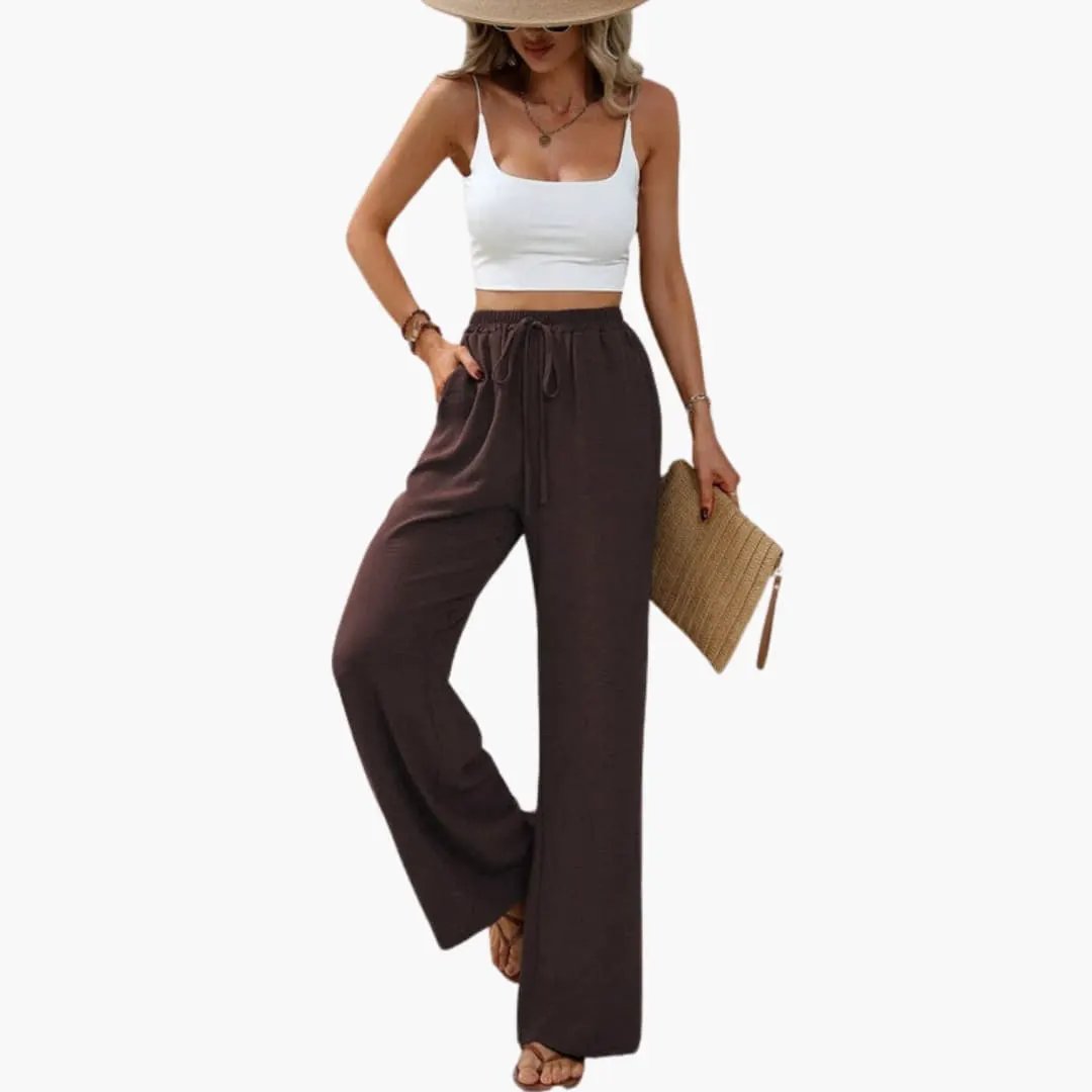 Wilfred Smith Women’s wide-leg summer pants, brown pull-on full-length trousers with elastic waist