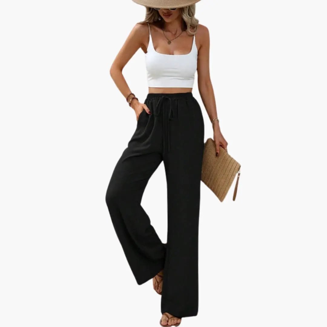 Women’s wide-leg summer pants with elastic waist, pull-on, full-length black trousers