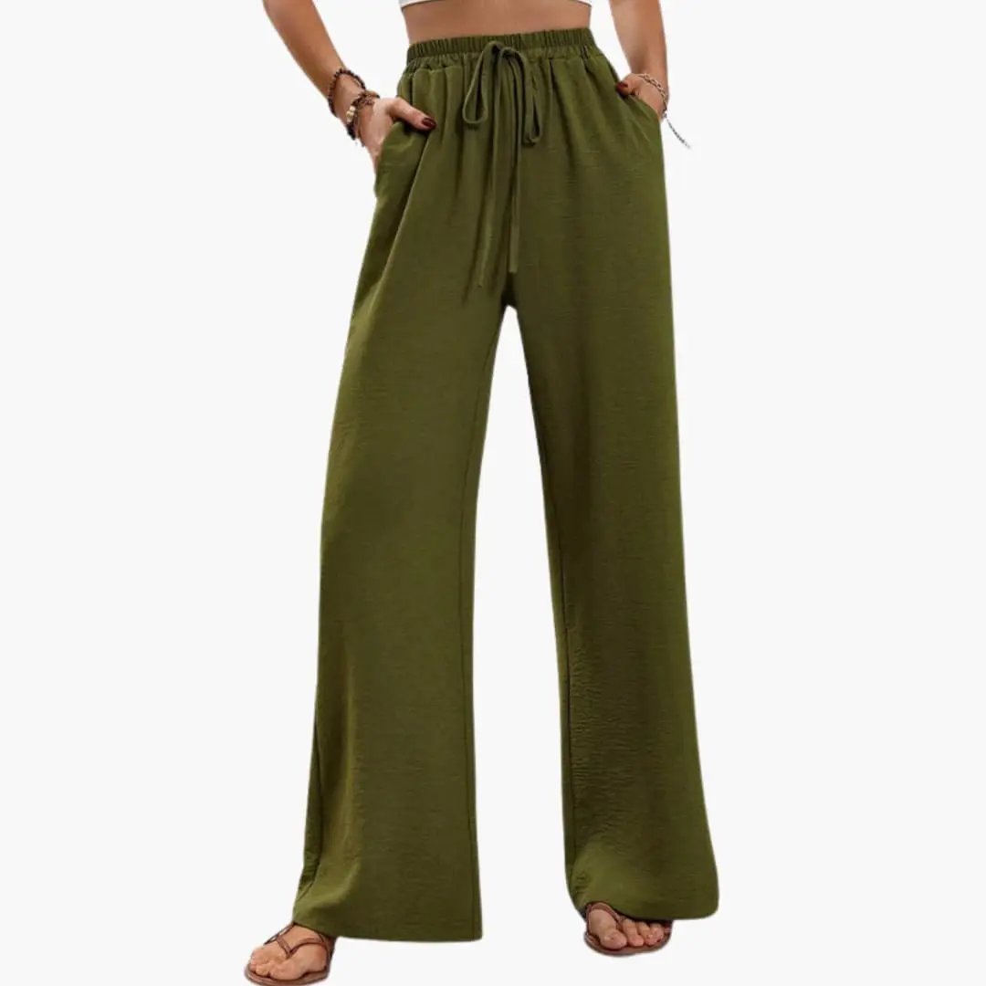 Women’s wide-leg summer pants by Wilfred Smith in olive green with elastic drawstring waist, full-length trousers.