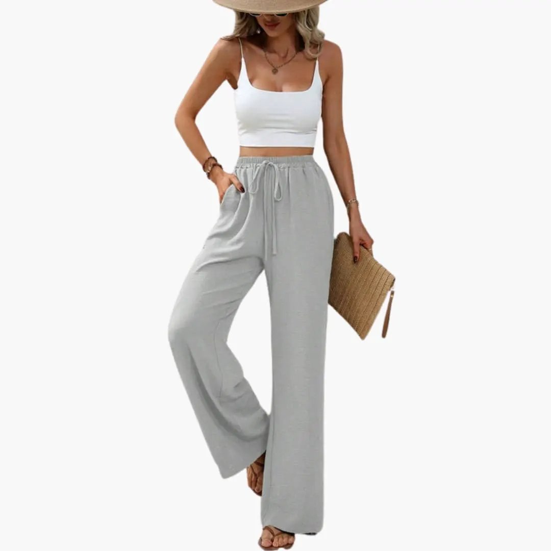Women’s wide-leg pull-on full-length pants with elastic waistband and drawstring in light gray