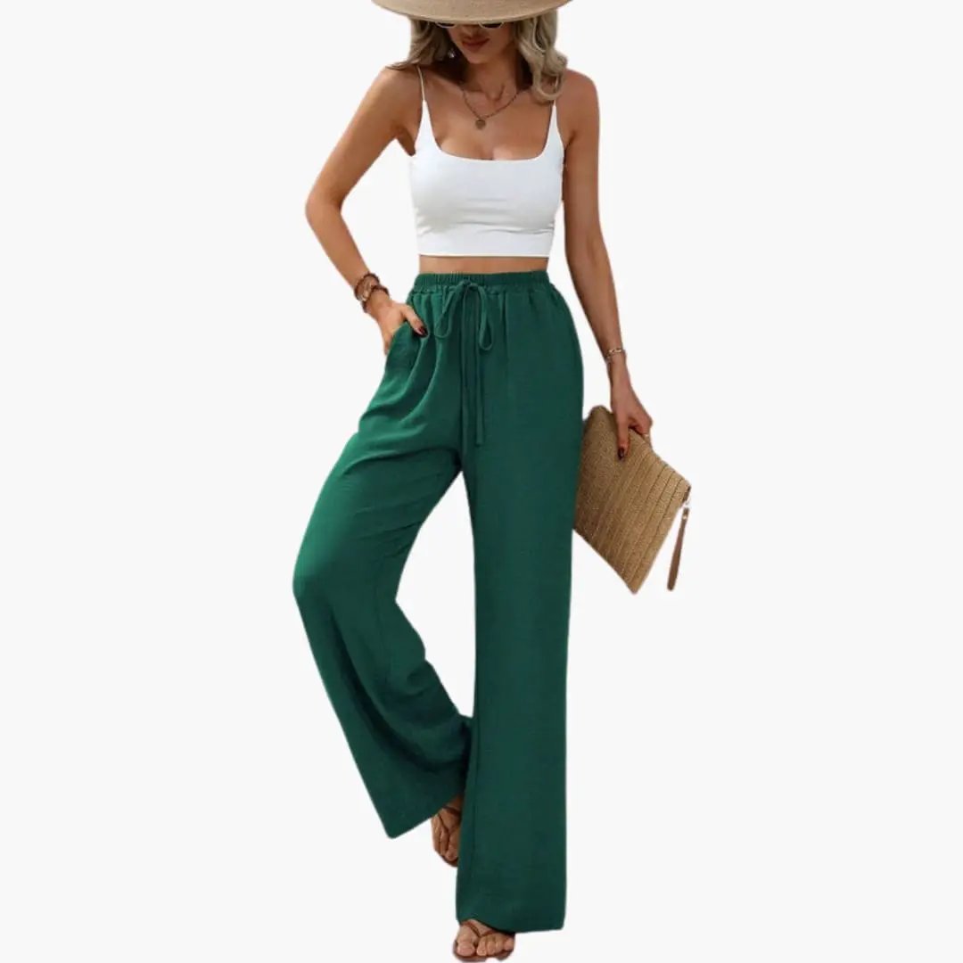 Women’s wide-leg green summer pants with elastic pull-on waist, full-length trousers by Wilfred Smith
