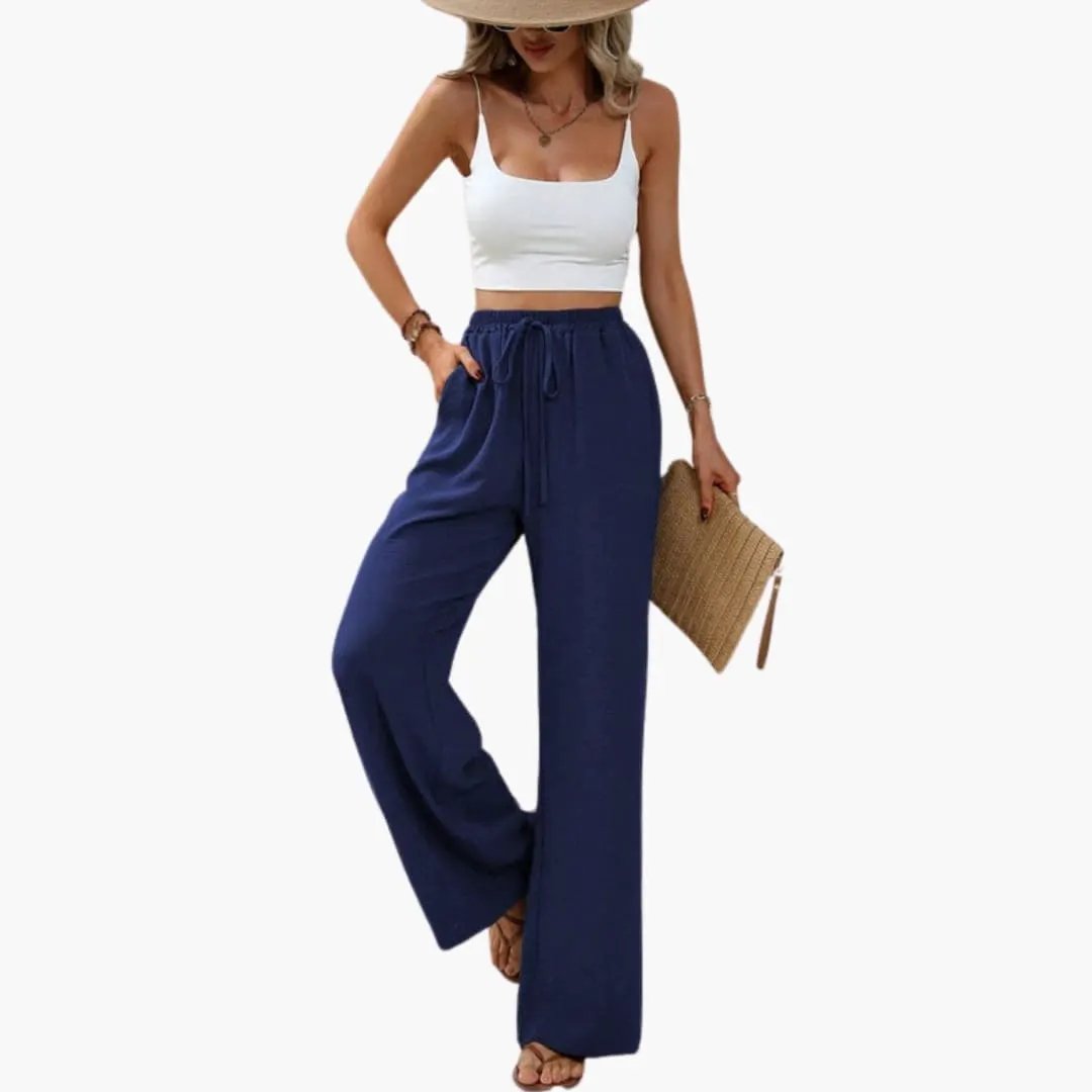 Women's wide-leg navy summer pants by Wilfred Smith with elastic pull-on waist, full-length trousers