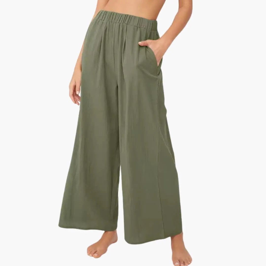 Women's wide palazzo pants, olive green, elastic waist with side pockets, Wilfred Smith