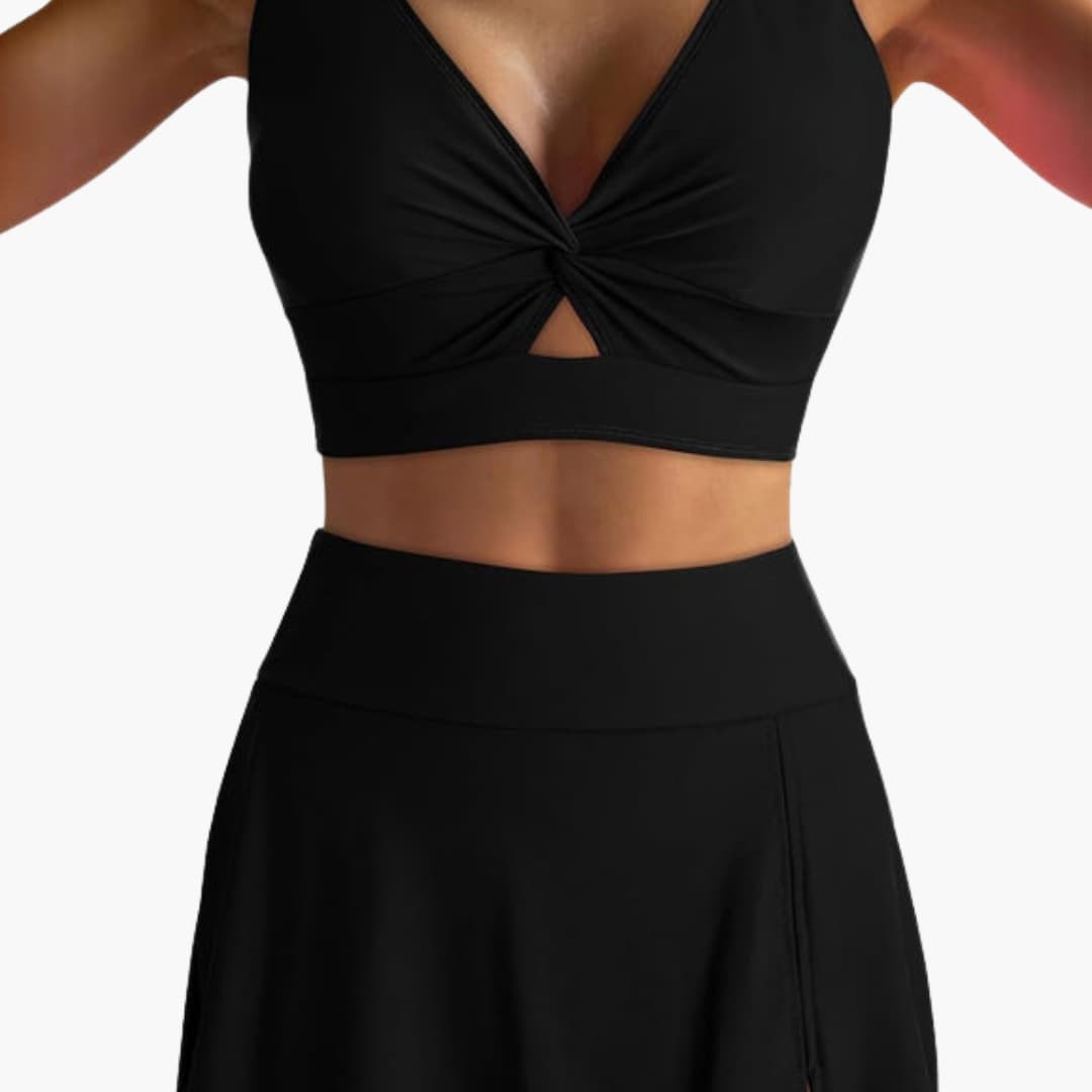 Women's Wrap Bikini Set by Wilfred Smith, black two-piece with a V-neck twist-knot top and skirted bottom.