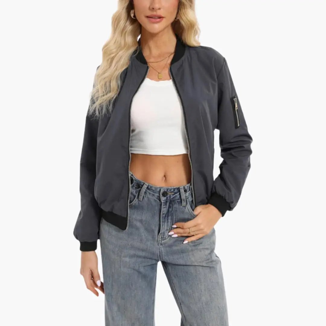 Women’s Zip-Up Bomber Jacket with Ribbed Trim, gray with black ribbed cuffs and collar, front zipper
