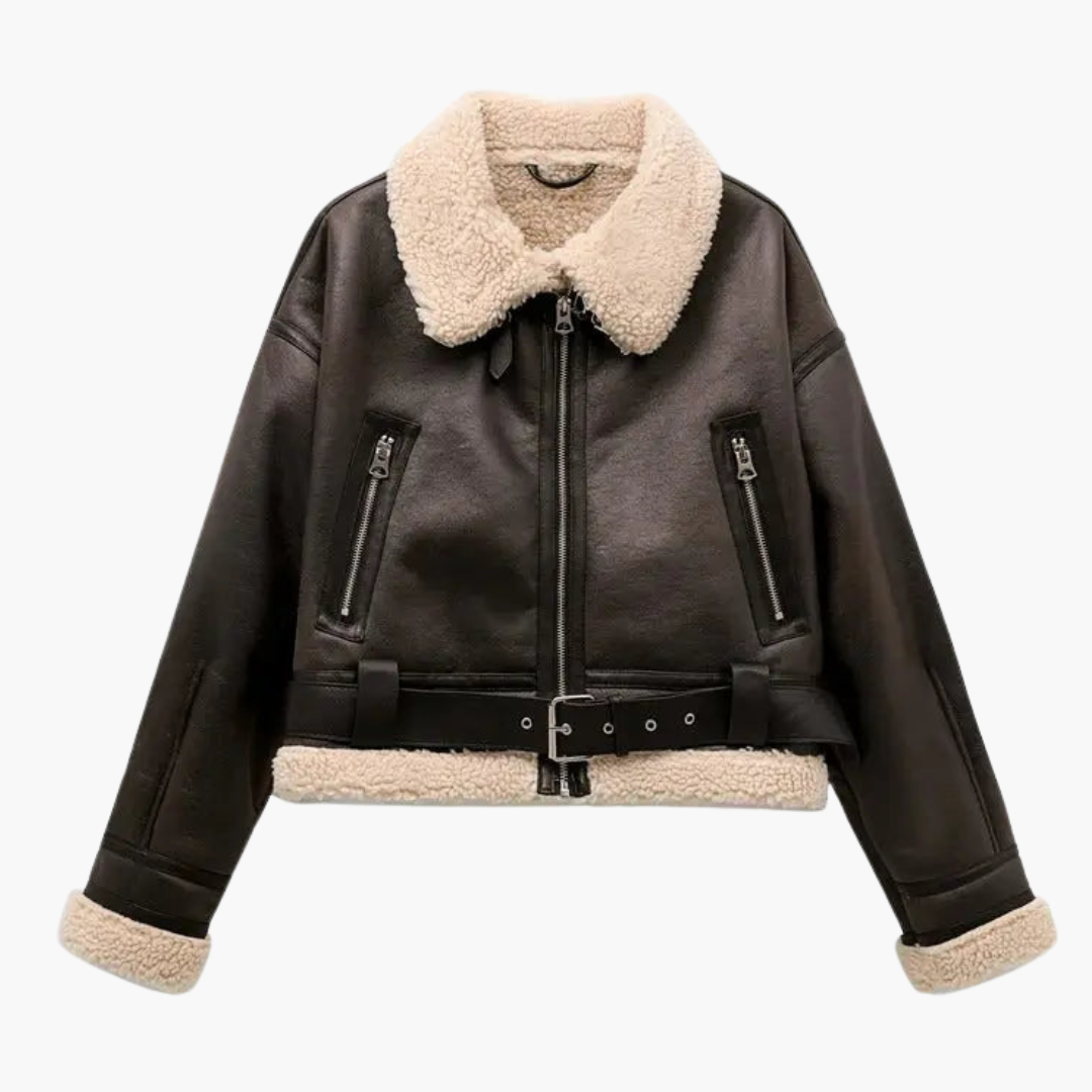 Wilfred Smith women's zip bomber jacket in black leather with beige shearling lining and belted hem