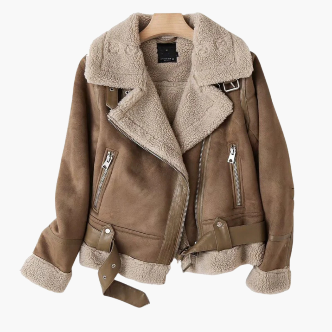 Women’s zip jacket with plush shearling lining, brown fabric, zip pockets, adjustable belt hem