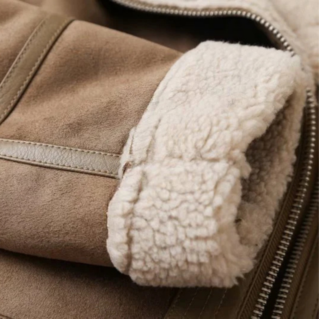 Women’s Zip Jacket with Plush Inner Layer, tan suede exterior and white sherpa lining, Wilfred Smith