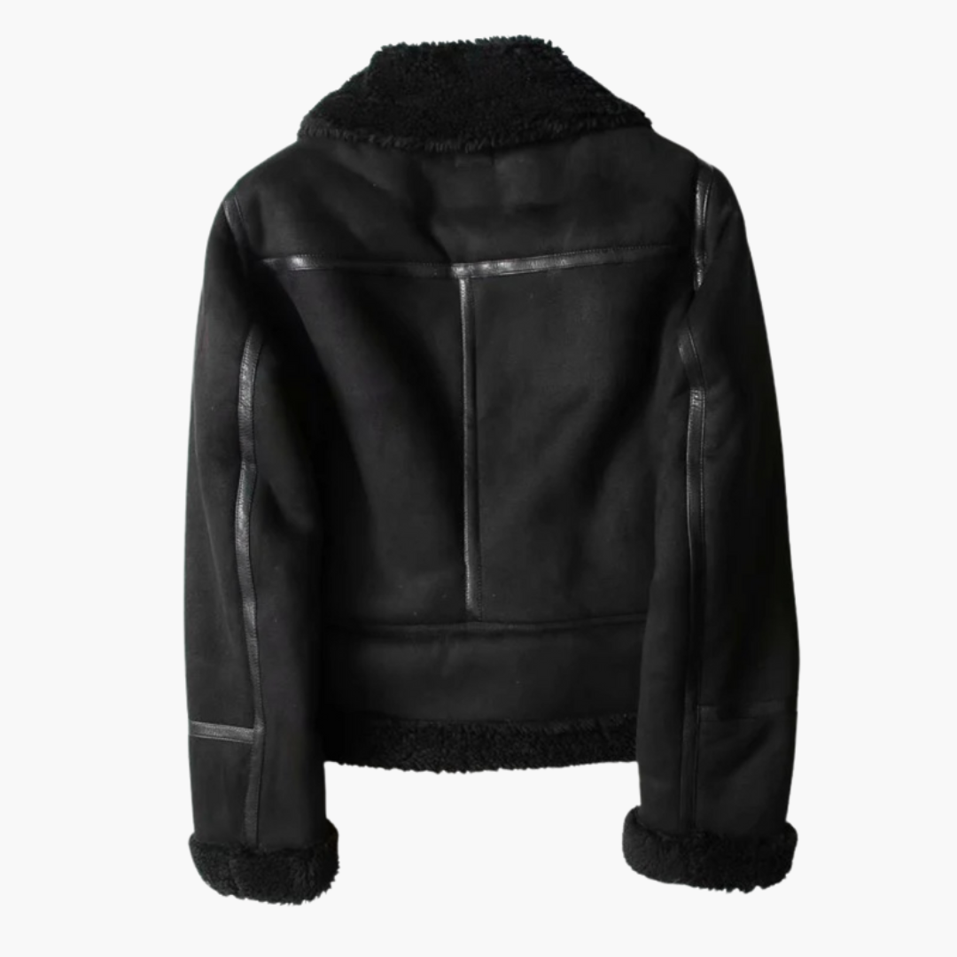 Women's zip jacket in black with plush inner lining and shearling cuffs, back view