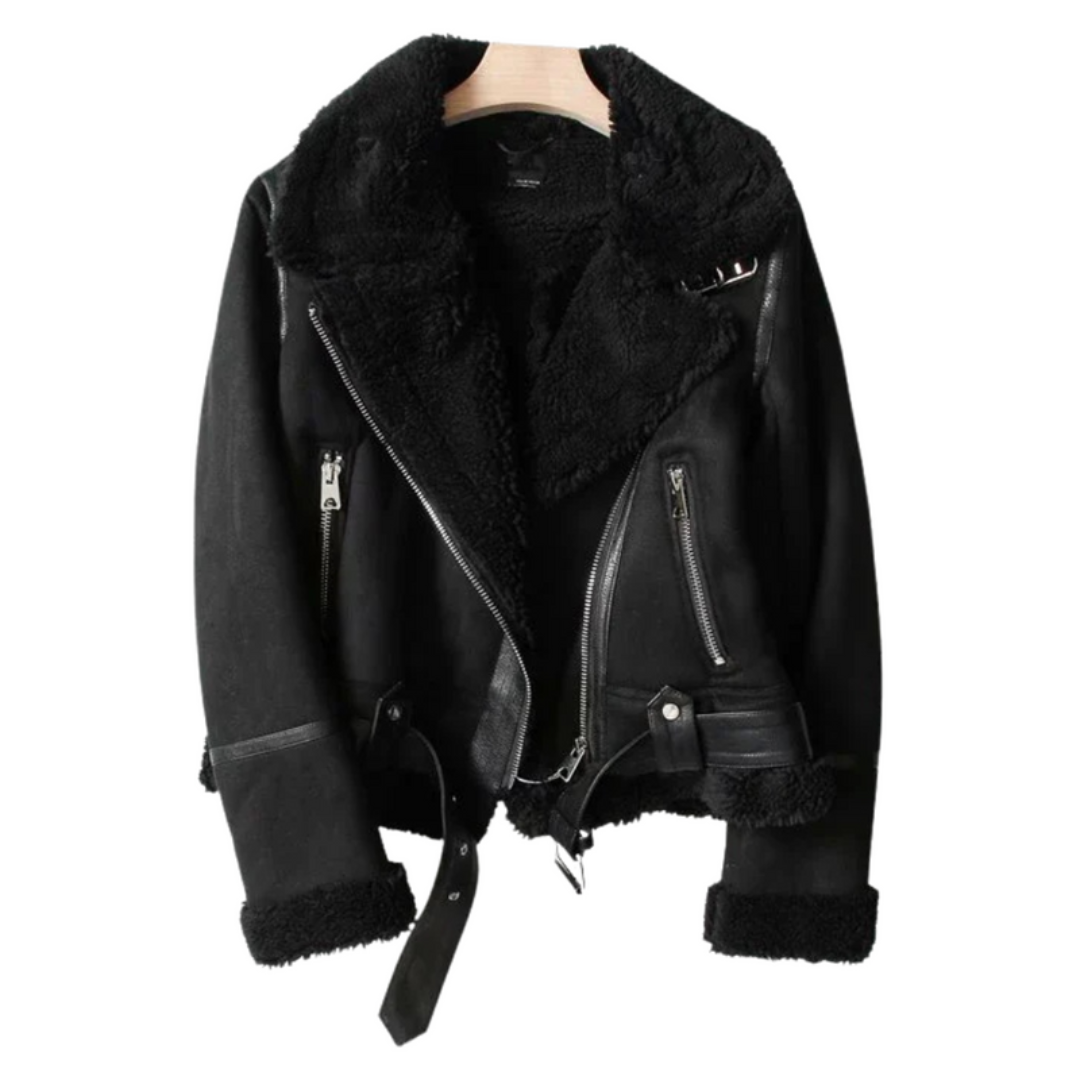 Women’s black zip jacket with plush inner lining and adjustable belt hem