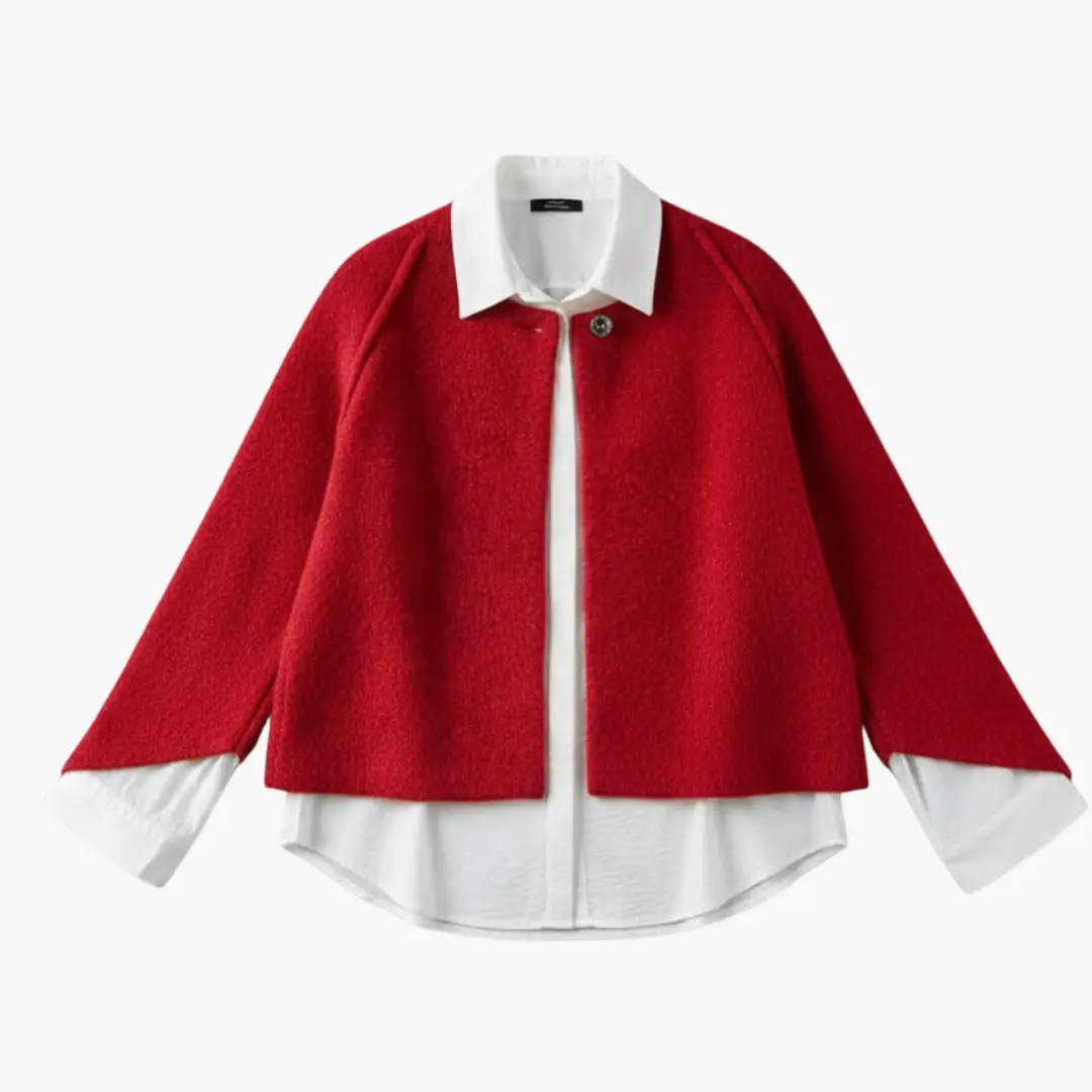 Women’s cropped bolero jacket in red over a white button-down shirt