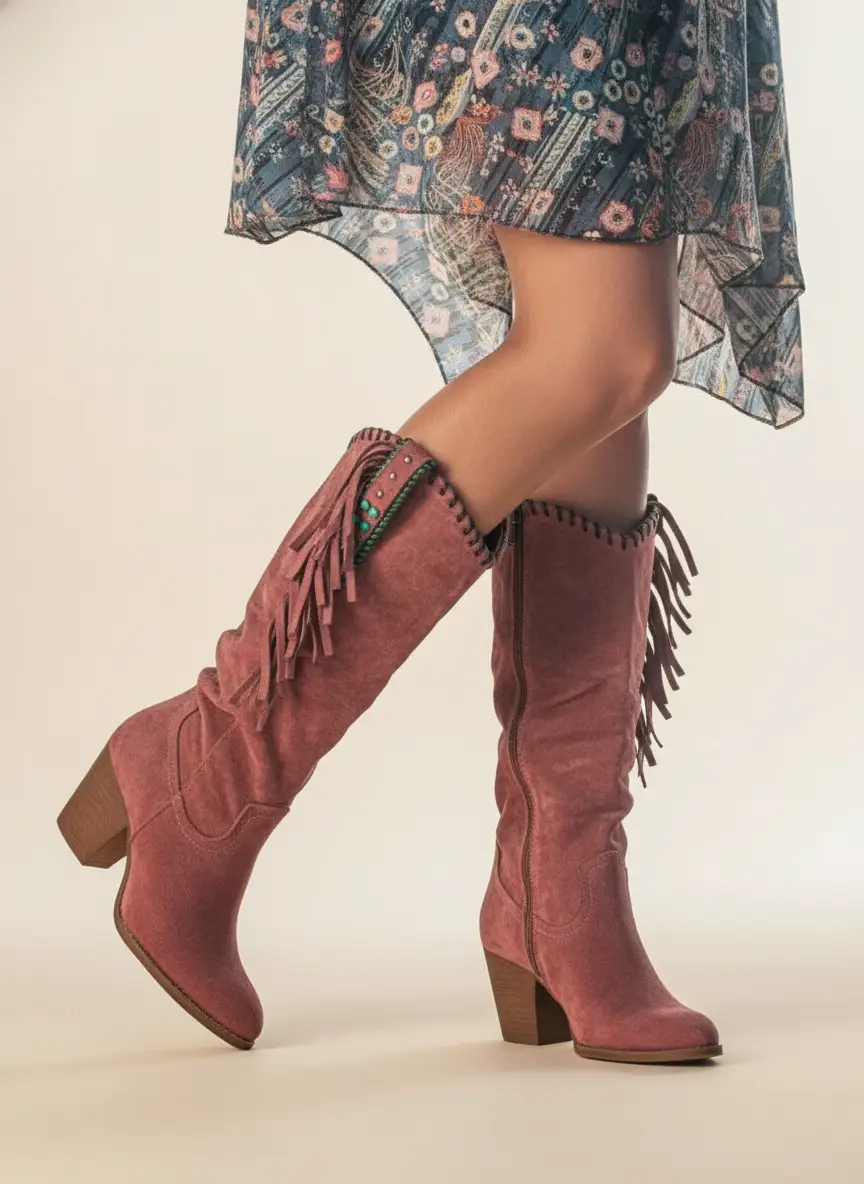 Pair of women's orthopedic boots in dusty rose suede with fringe and wooden block heels